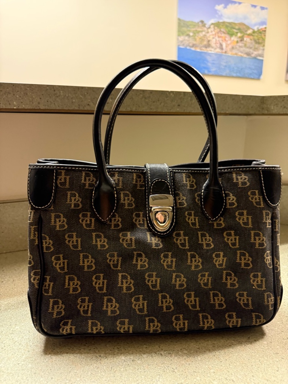 Vintage Dooney & Bourke Signature Monogram  Black & Brown Satchel Bag